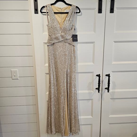Mac Duggal 26598 Silver Sequin Wrap Waist Gown Formal Dress V Neck Nude Size 0 - Picture 2 of 9